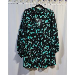 apt 9 Women Top Black Floral Green Hidden Buttons Up Roll Tab Sleeves Boho Sz 3X
